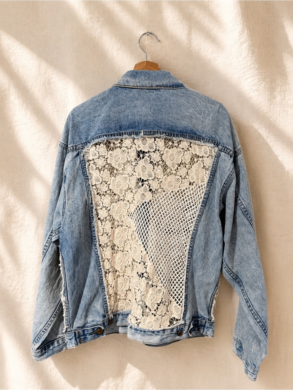 Carmar Light Wash Denim Crochet Lace Patchwork Oversized Jacket S NWOT - Picture 3 of 9